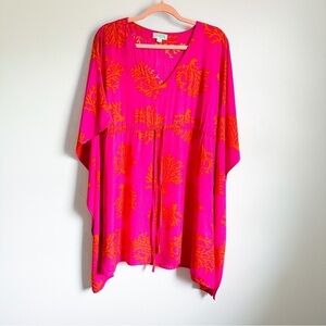 Escapada Pink Orange Tropical Coral Print Kimono beach swim cover Dress sz S/M